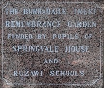 Granite plaque: The Borradaile Trust Remembrance Garden, funded by pupils of Springvale House and Ruzawi Schools
